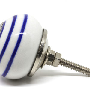 Bouton de meuble blanc à rayures bleues